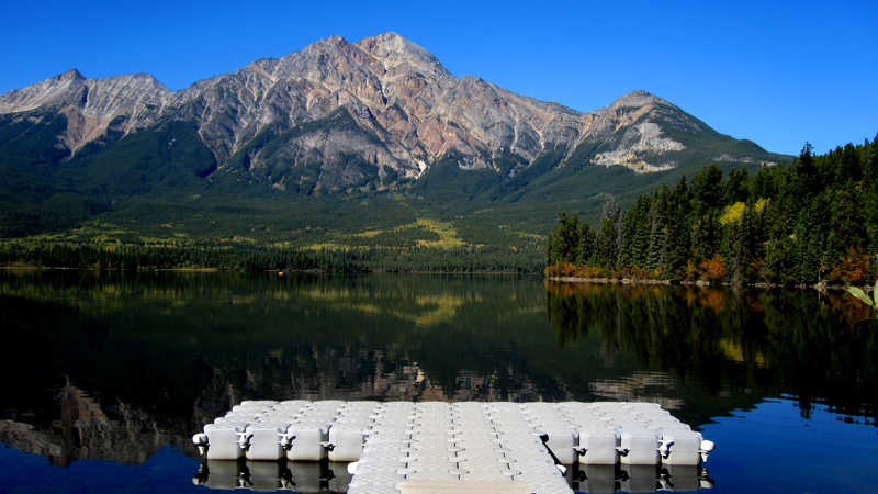 Mirror-calm Pyramid Lake with Pyramid Mountain reflected, Jasper National Park