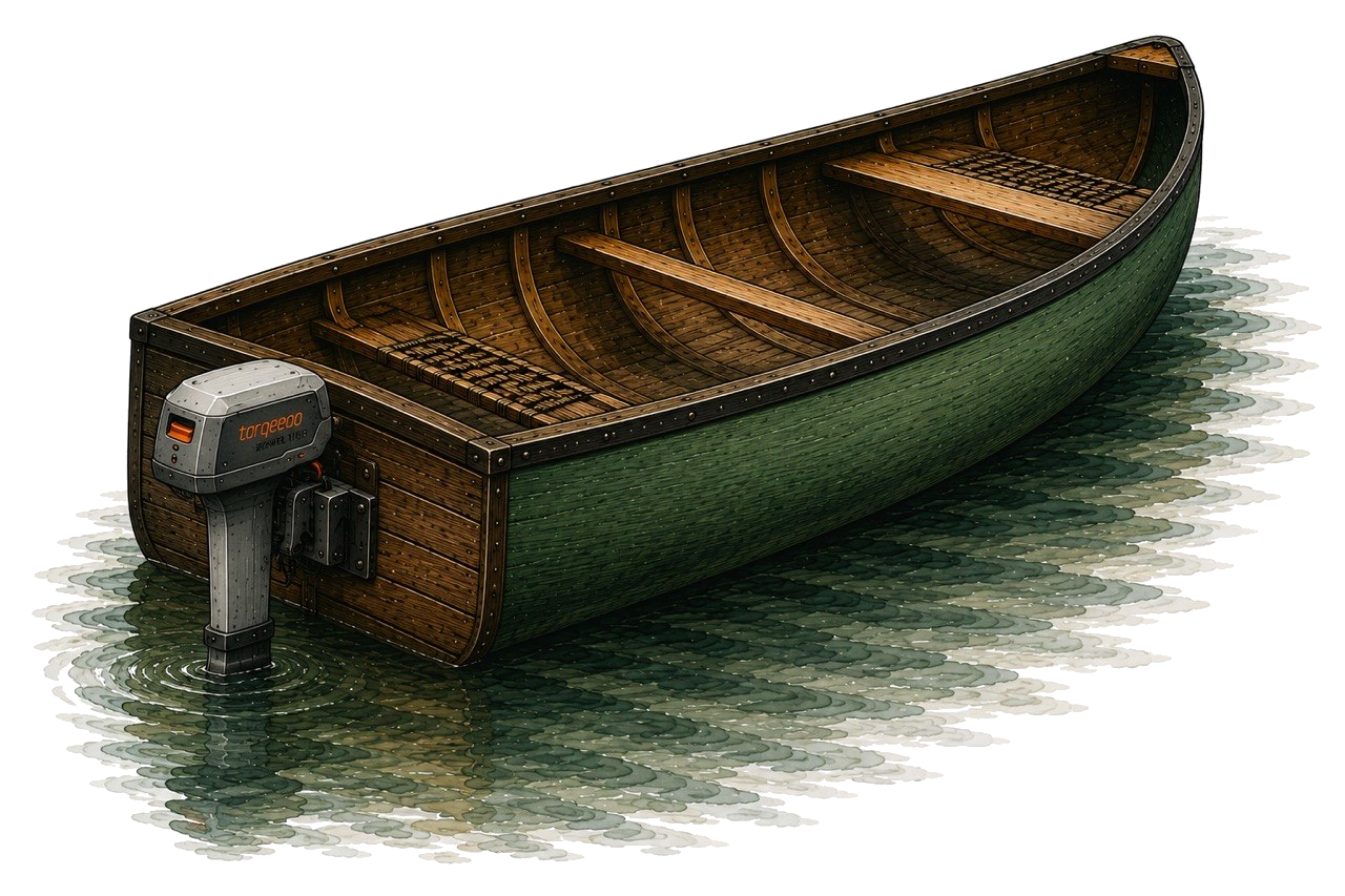 Green freighter canoe with Torqeedo electric motor
