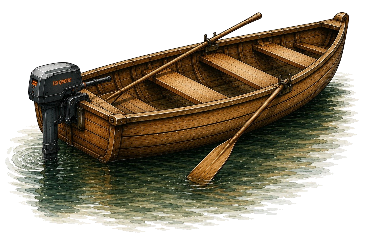 Wooden rowboat with electric motor